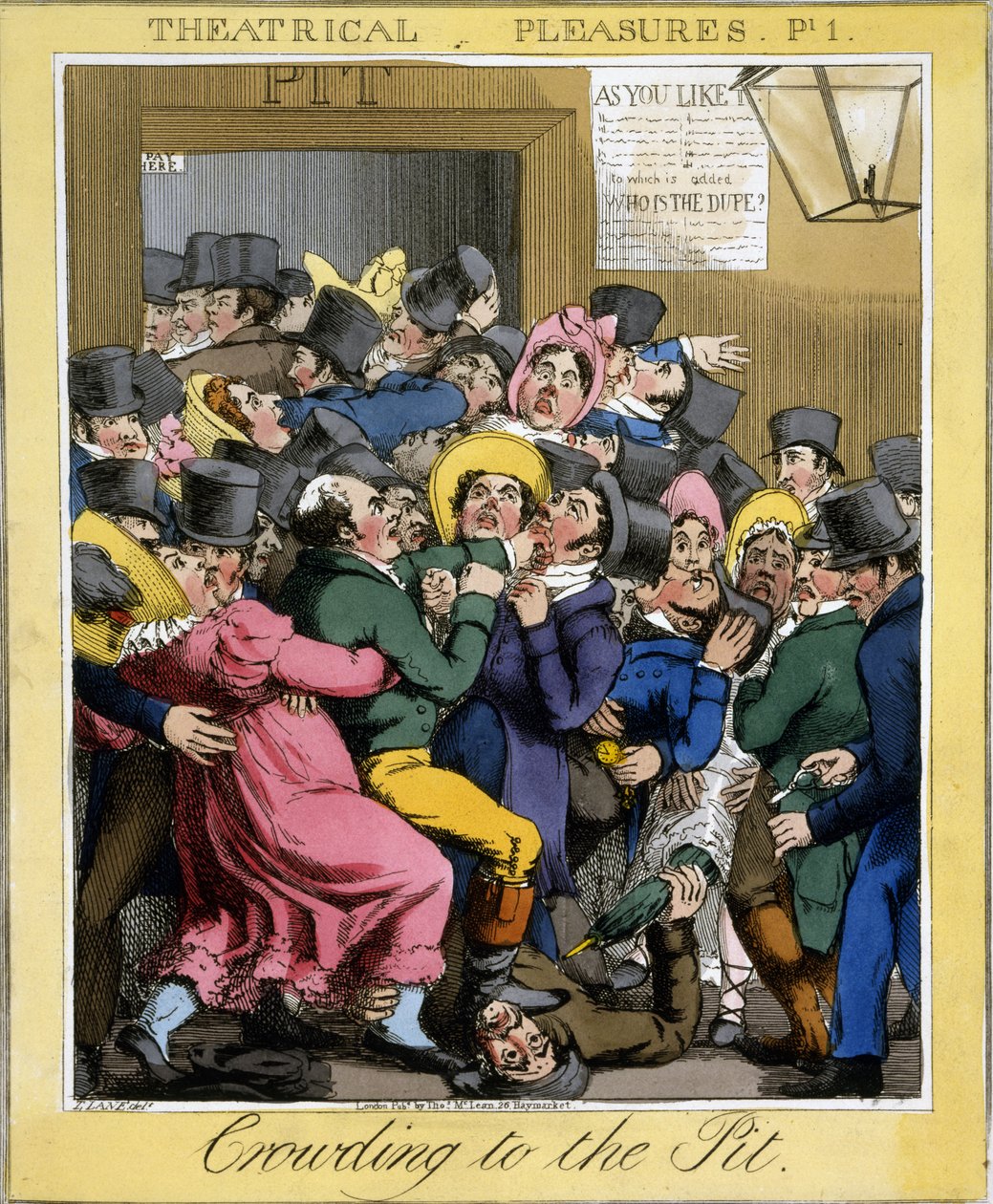 الزحام إلى الحفرة ، اللوحة 1 من الملذات المسرحية ، الحانة. شكرا. ماكلين ، لندن ، 1821 (نقش يدوي) بواسطة ثيودور لين