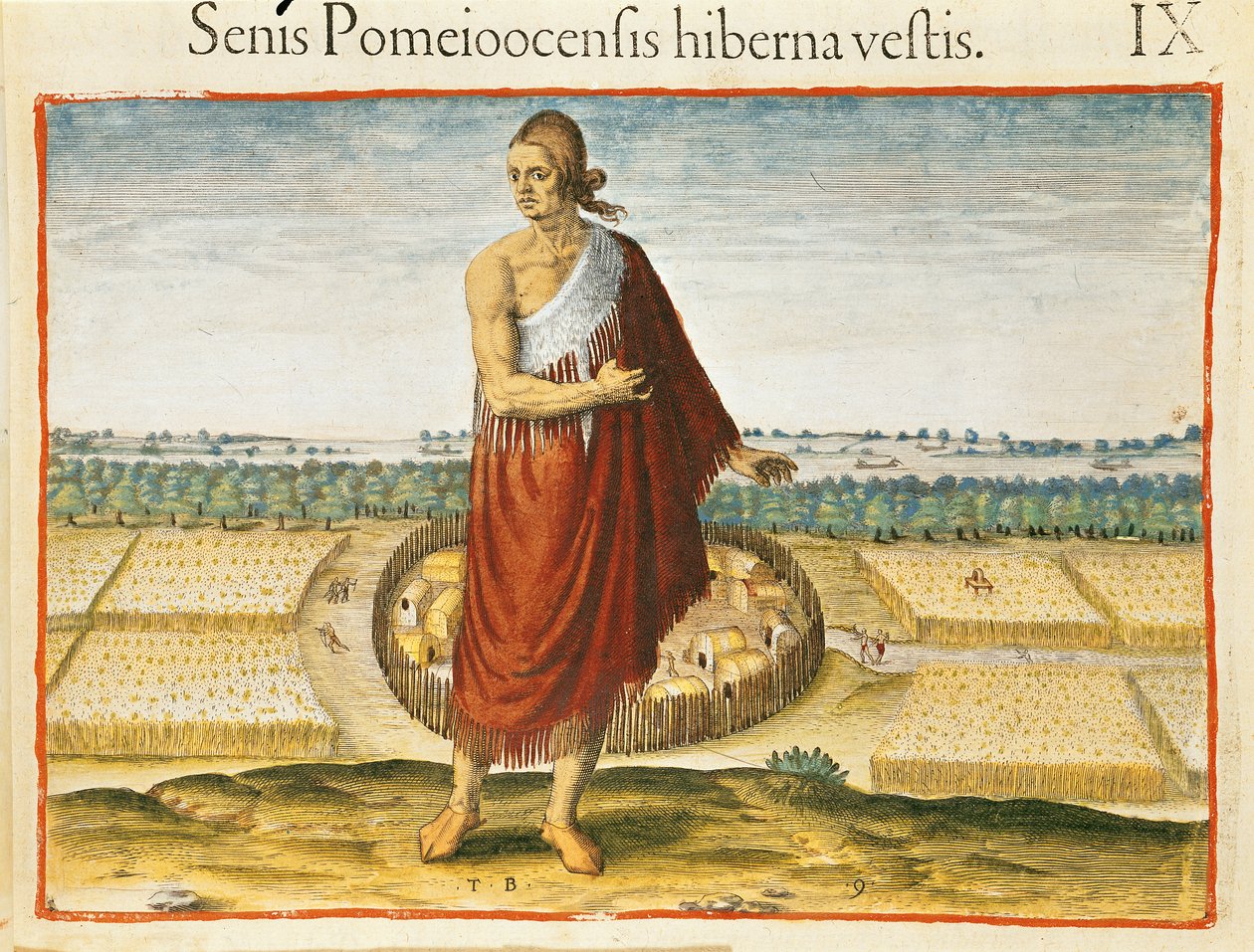 Pomeiooc Elder في ثوب شتوي ، من "Admiranda Narratio" ، نشره Theodore de Bry بواسطة تيودور دي بري