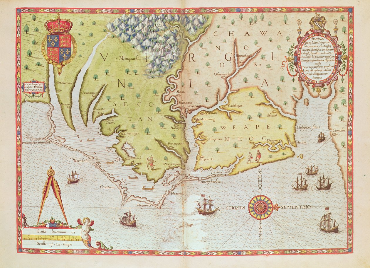 Admiranta Narratio ... خريطة فرجينيا (الصفحة 44-45) ، 1585-1588 (نقش الألوان_ بواسطة تيودور دي بري