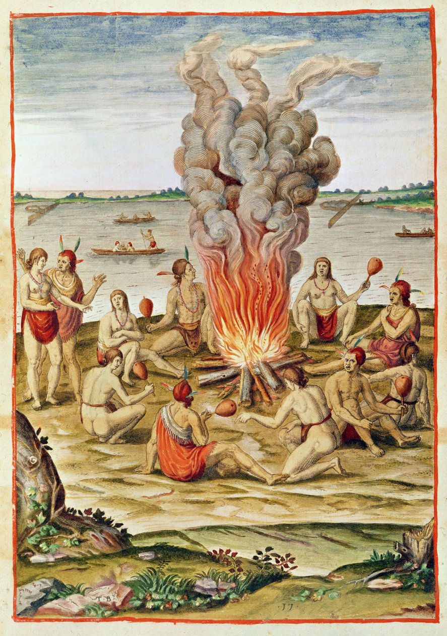 Admiranta Narratio ، الاحتفال بالنصر حول حريق (صفحة 79 ، لوحة 17) ، 1585-88 (نقش ملون) بواسطة تيودور دي بري