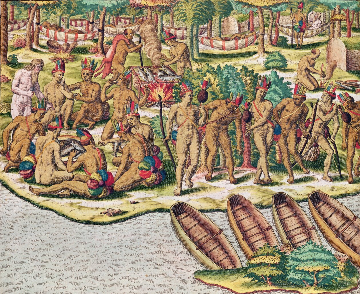 Americae Tertia Pars ، التداول قبل رحلة استكشافية ضد الأعداء (الصفحة 432) ، 1563 (نقش الألوان) بواسطة تيودور دي بري