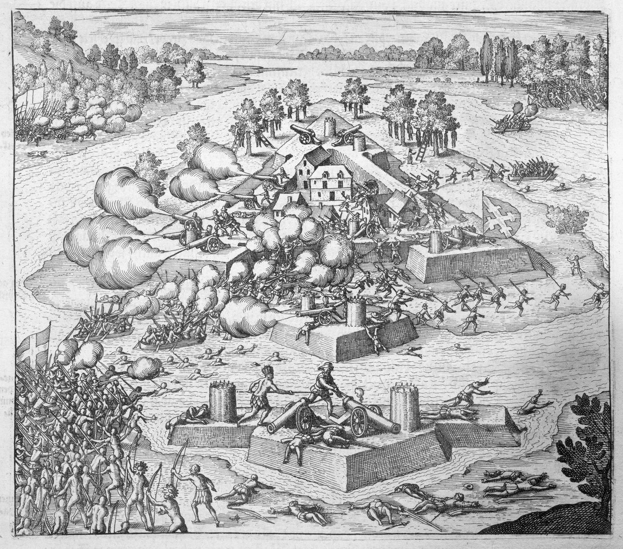 إبادة المستوطنين البروتستانت الفرنسيين ، فورت تشارلز ، فلوريدا ، 1562 ، من "Newe Welt und Americanische Historien" بقلم يوهان لودفيج جوتفريد ، نشره Mattaeus Merian ، فرانكفورت ، 1631 (eng بواسطة تيودور دي بري