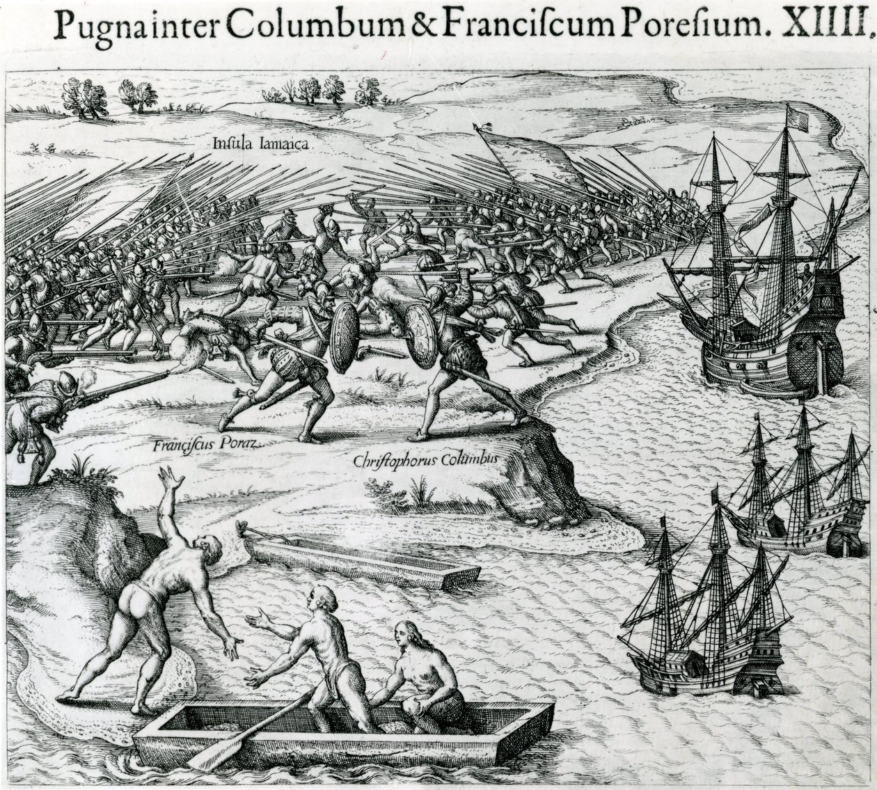 معركة في جامايكا بين كريستوفر كولومبوس (1451-1506) وفرانسيسكو بوراز ، 1504 ، من "Mewe Welt und Americanische Historien" بقلم يوهان لودفيج جوتفريد ، نشره Mattaeus Merian ، فرانكفورت ، بواسطة تيودور دي بري