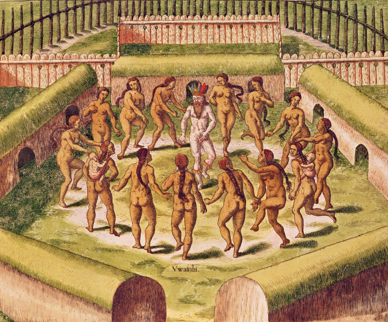 الرقص حول أسير قبل الكوخ الذي يحتوي على Tamerkas أو الأصنام ، من "Americae Tertia Pars ..." ، 1562 بواسطة تيودور دي بري