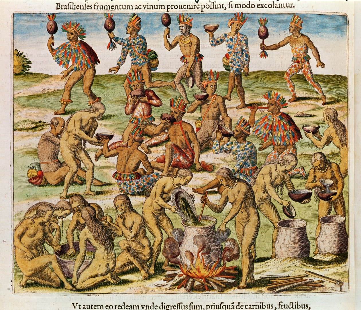 Navigatio in Brasiliam Americae ، إعداد مشروب مصنوع من الذرة والقمح (صفحة 486) ، 1563 (نقش ملون) بواسطة تيودور دي بري