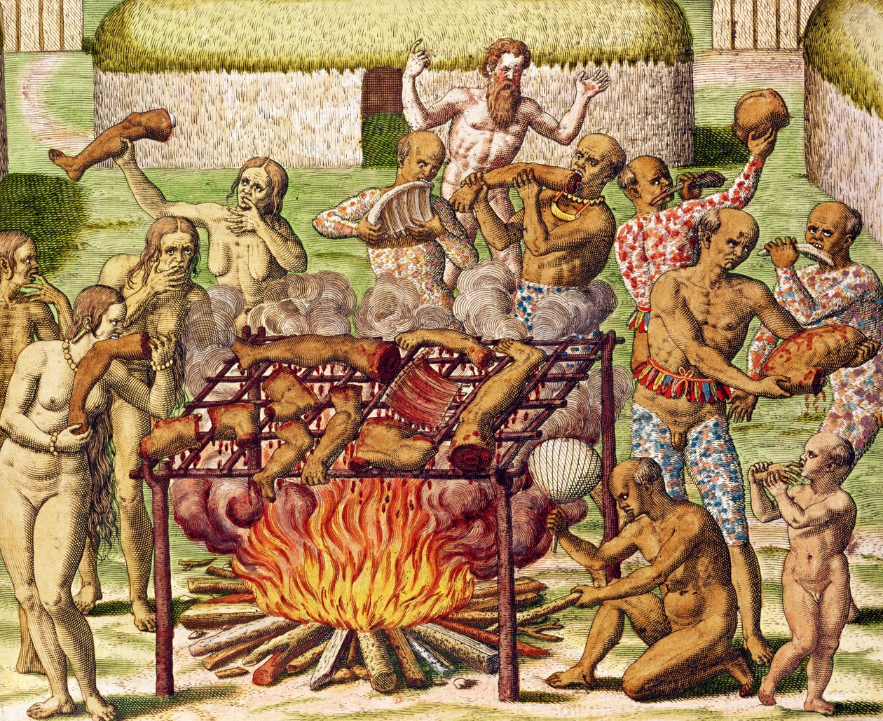 مشهد أكل لحوم البشر ، من "Americae Tertia Pars ..." ، 1592 (نقش الألوان) بواسطة تيودور دي بري