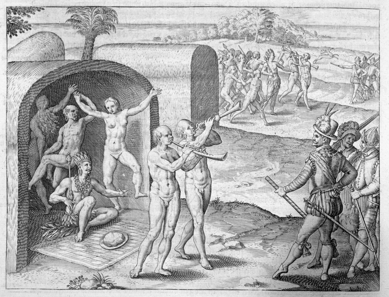 الترحيب بالإسبان من قبل ملك هندي ، من حساب جيرولامو بينزوني لغزو بيرو ، من "Newe Welt und Americanische Historien" بقلم يوهان لودفيج جوتفريد ، نشره Mattaeus Meri بواسطة تيودور دي بري