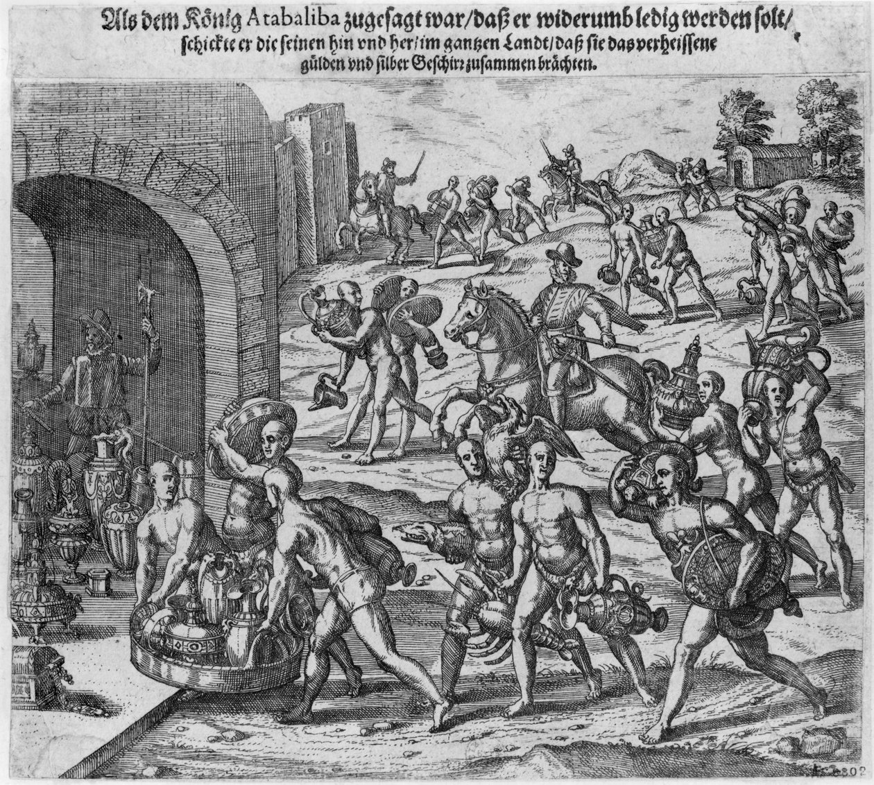 عرض فدية الملك أتاهوالبا (حوالي 1502-33) إلى فرانسيسكو بيزارو ، 1533 بواسطة تيودور دي بري