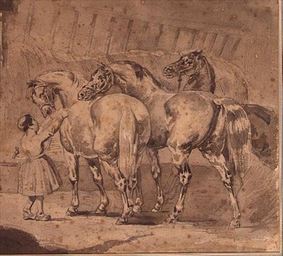 فتاة صغيرة تطعم الخيول في إسطبل (قلم رصاص وغسيل رمادي) بواسطة ثيودور (Attr. To) Gericault