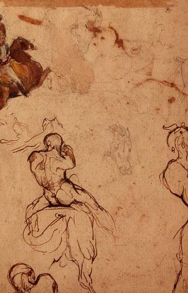 دراسة الخيول والفرسان (قلم رصاص وقلم وحبر بني وألوان مائية) بواسطة ثيودور (Attr. To) Gericault