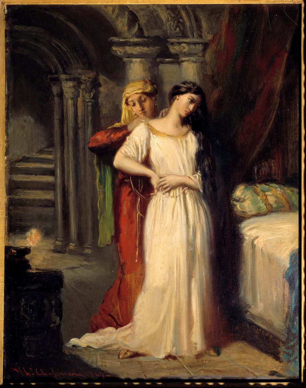 رسم توضيحي لوقت النوم لـ Desdemone للفصل الرابع من القطعة "عطيل" بقلم ويليام شكسبير (1564-1616). 1849 الأحد. 0،42 × 0،32 م بواسطة تيودور شاسريو