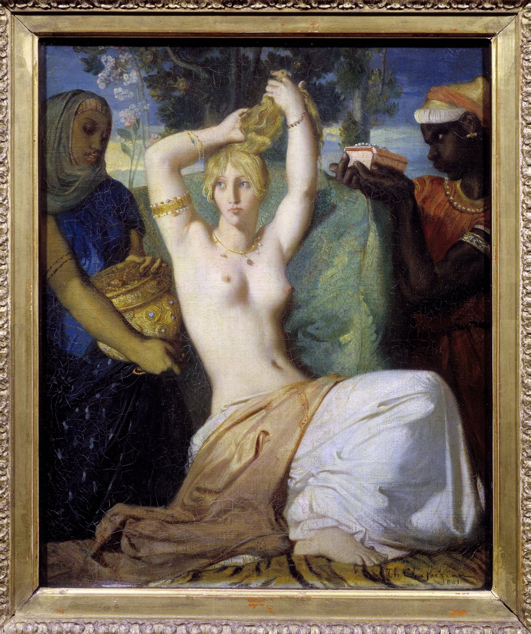 La toilette d'Esther أو "" Esther parant pour etre presentee au king de Persia Assuerus 1er (Xerxes 1er) "لوحة لثيودور تشاسيرو (1819-1856) 1841 Dim. 0،45 × 0،35 م - مرحاض إستير أو تزين إستير نفسها لتقديمها إلى الملك الفارسي بواسطة تيودور شاسريو