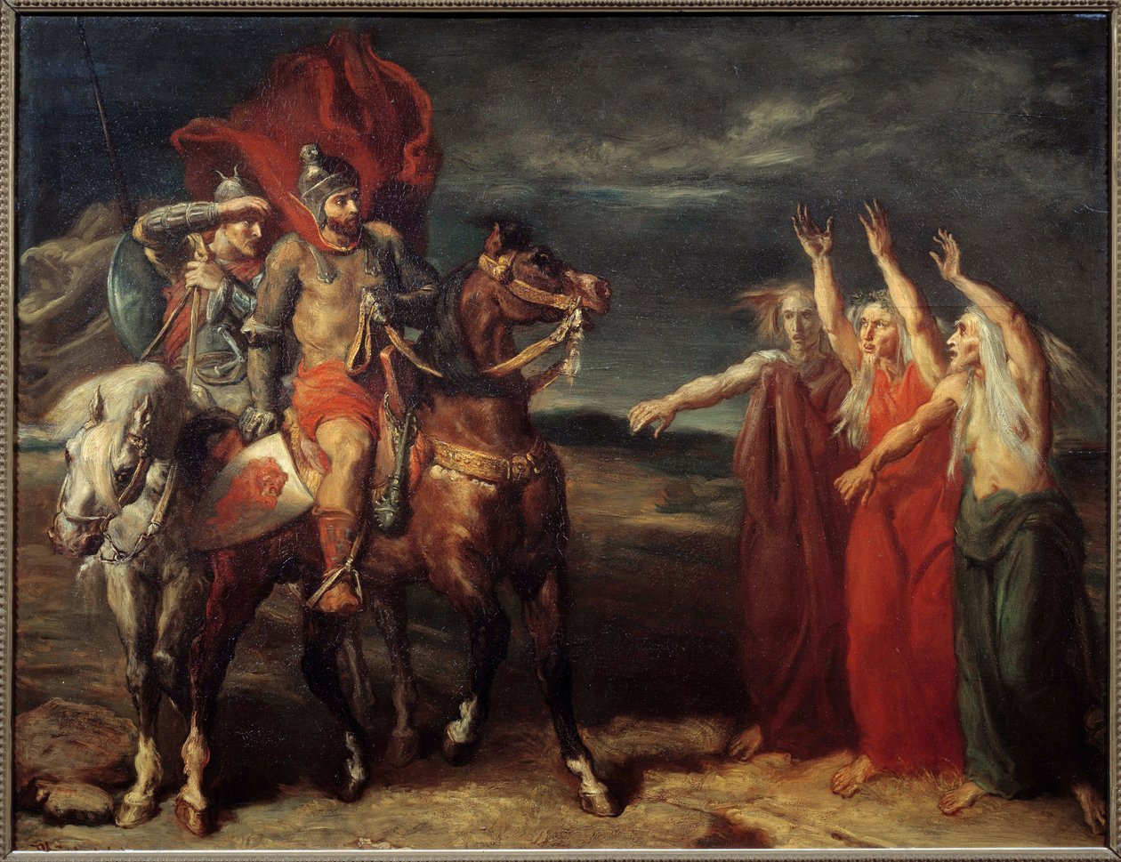 Macbeth and the Three Witches رسم توضيحي للمشهد 3 من الفصل الأول لمسرحية ويليام شكسبير "ماكبث". لوحة لثيودور تشاسيرو (1819-1856) 1855 صن. 0،72x0،9 م باريس ، متحف أورسيه بواسطة تيودور شاسريو