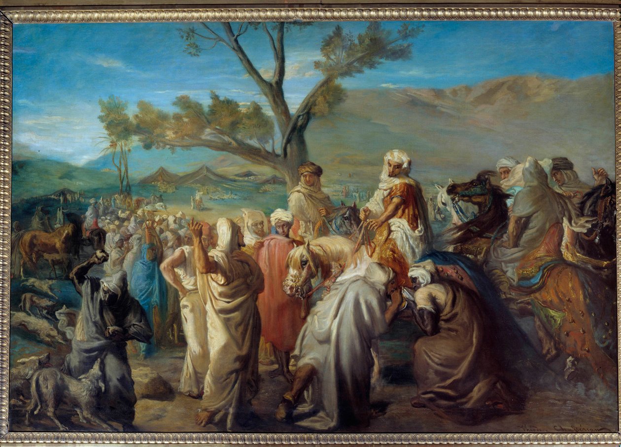 الاستشراق: "" قائد يزور دوار "" "طاهي مغربي في مخيم من الخيام. لوحة لثيودور تشاسيرو (1819-1856) 1849 صن. 1،42x2 م بواسطة تيودور شاسريو
