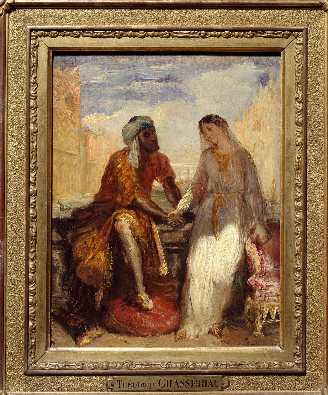 عطيل وديسديموني في البندقية رسم توضيحي للفصل الأول للمأساة "عطيل" بقلم ويليام شكسبير (1564-1616). لوحة لثيودور تشاسيرو (1819-1856) 1850 صن. 0،25 X 0،20 باريس. متحف اللوفر- عطيل وديسديمونا في البندقية ، مشهد من أوتيل بواسطة تيودور شاسريو