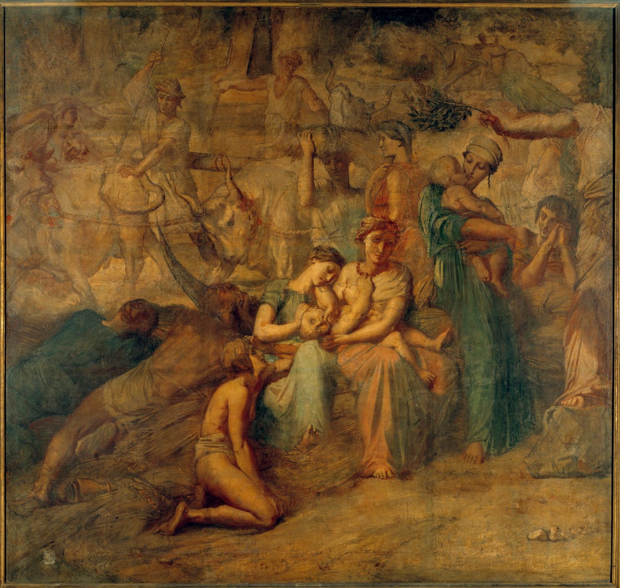 تمثيل السلام المجازي مع الأم والطفل والقطعان. لوحة لسلالم Cour des comptes بواسطة Theodore Chasseriau (1819-1856) من القرن التاسع عشر. 3،4x3،6 م بواسطة تيودور شاسريو