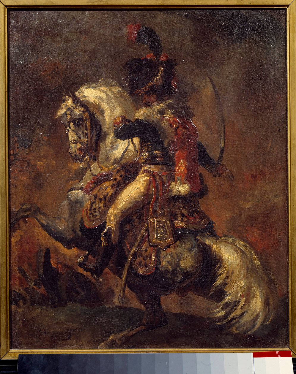ضابط الصياد على حصان الحرس الإمبراطوري المسؤول عن اللوحة بواسطة ثيودور جيريكولت (1791-1824) شمس القرن التاسع عشر. 0،27 × 0،22 م بايون ، متحف بونات بواسطة ثيودور جيريكولت