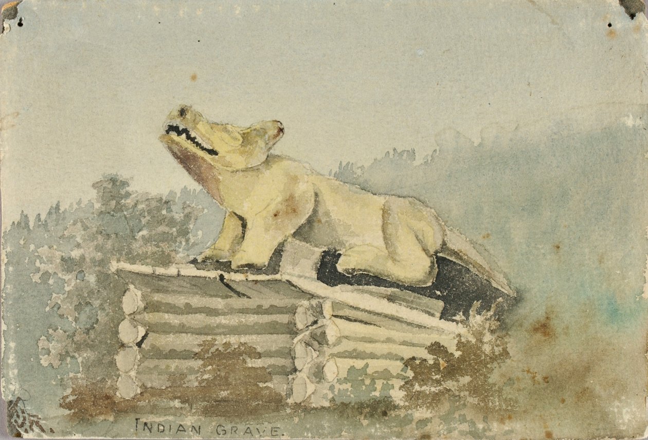 مقبرة هندية. الذئب الطوطم فوق مقبرة رجل الطب ، رانجل ، كاليفورنيا. 1880-1914. بواسطة ثيودور جي ريتشاردسون