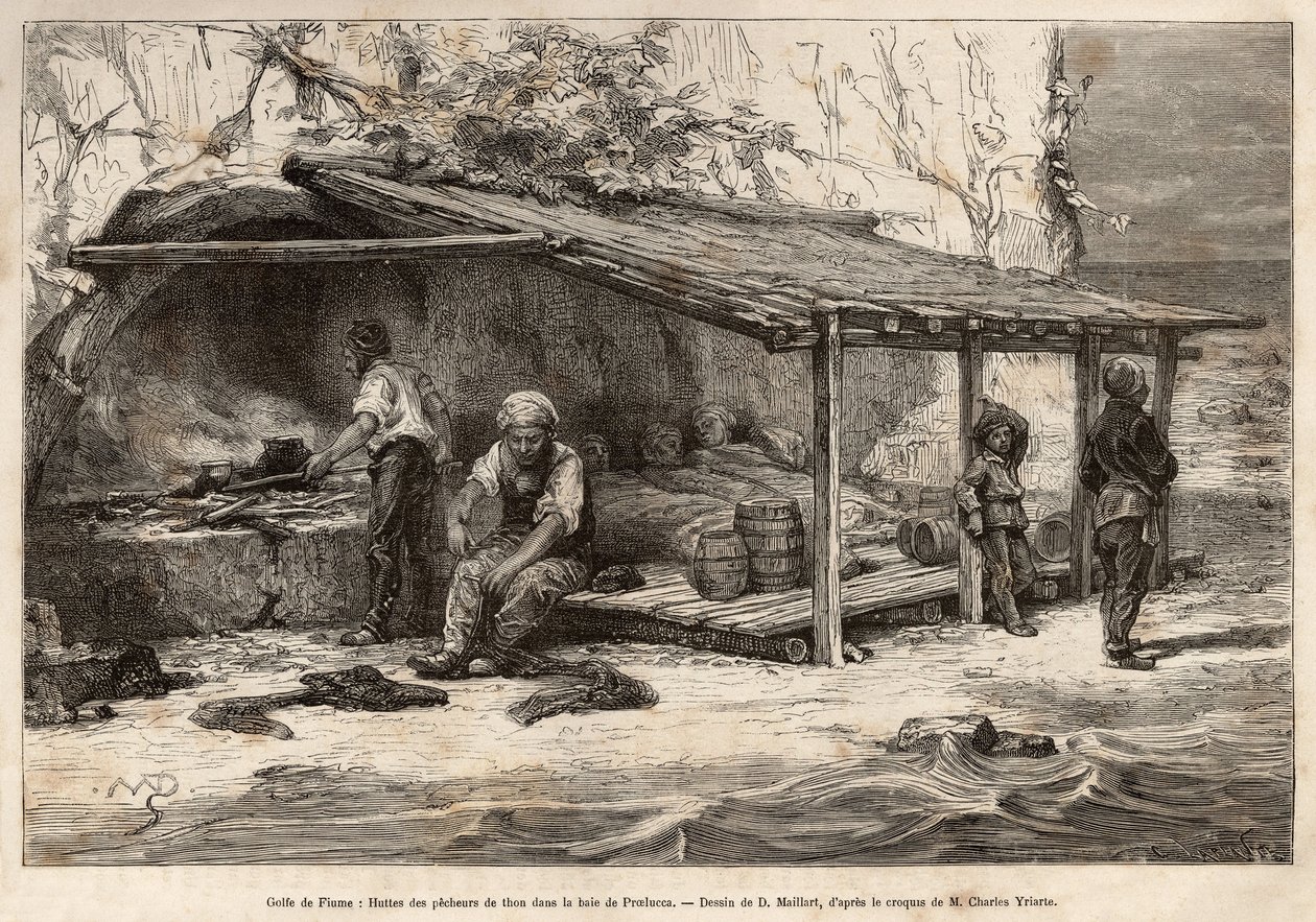 نزل لصيد سمك التونة في خليج Proelucca ، خليج Fiume (أو Rijeka ، Istria) ، ثلاثة من الصيادين لا يزالون نائمين ، ملفوفين في بطانيات ، وآخر سيجهز بالمرصاد ويحل محله ، وآخر سيجهز المطبخ ويتجول الطحلب في القدم س بواسطة ثيودور ويبر