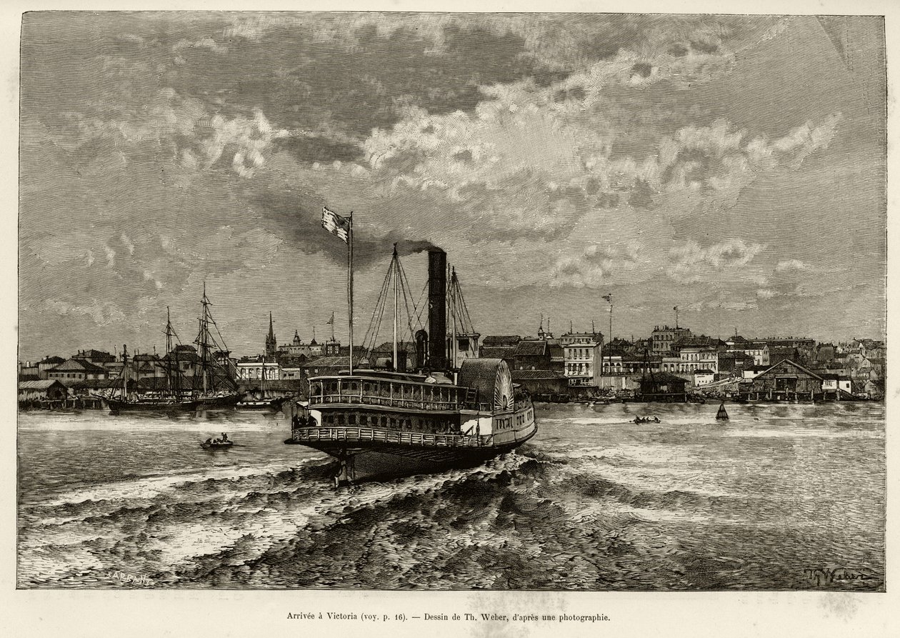 وصوله إلى فيكتوريا ، كندا. نقش بواسطة Th. Weber ، لتوضيح قصة "" The Transcanadien et l