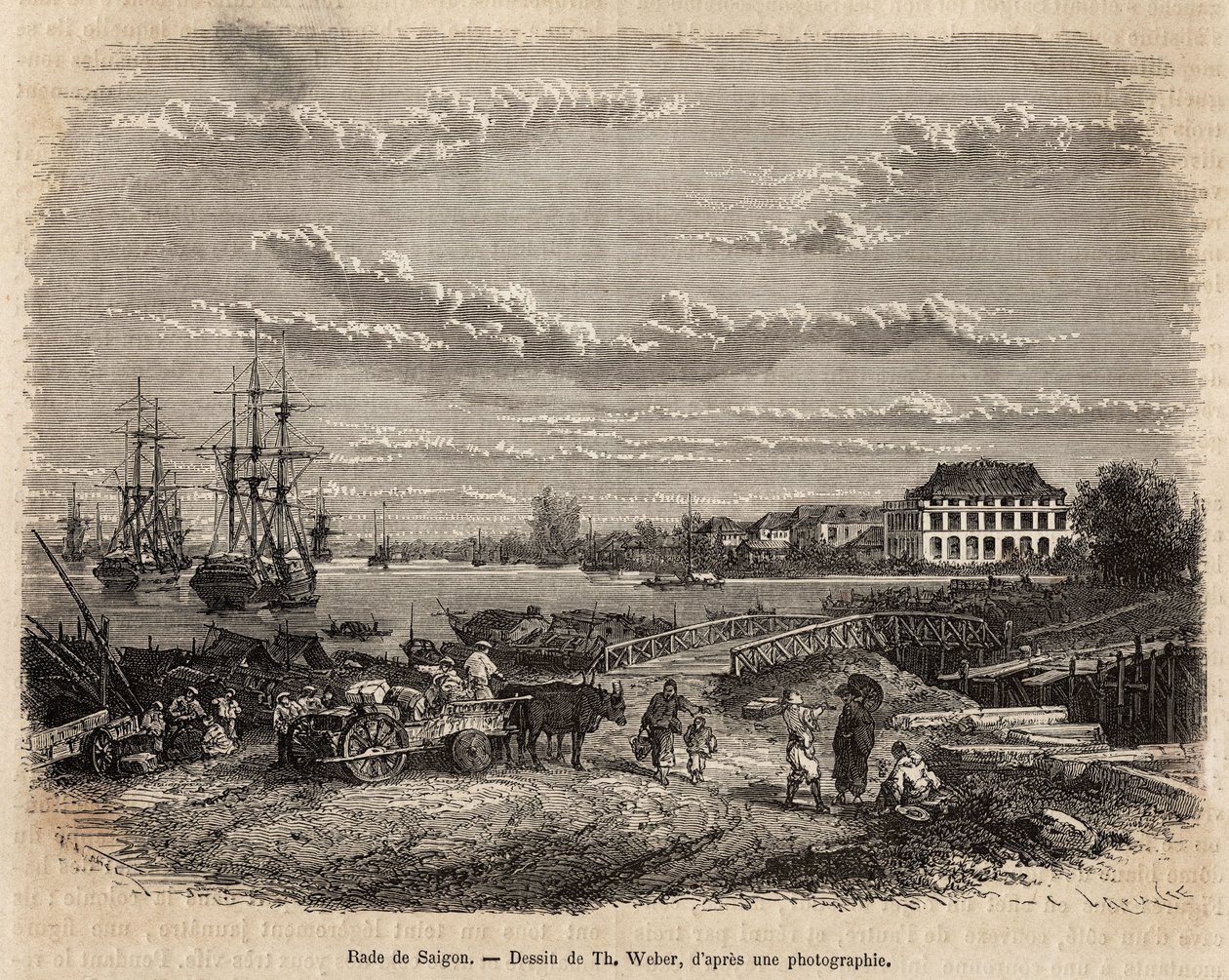 La rade de Saigon ، نقش بعد رسم بواسطة T. Weber ، يوضح الرحلة إلى Cochinchine ، بواسطة دكتور موريس ، في عام 1872 ، نُشر في "" Le tour du monde "" "1875 ، تحرير إدوارد شارتون ، طبعة Hachette ، باريس. مجموعة سيلفا. بواسطة ثيودور ويبر
