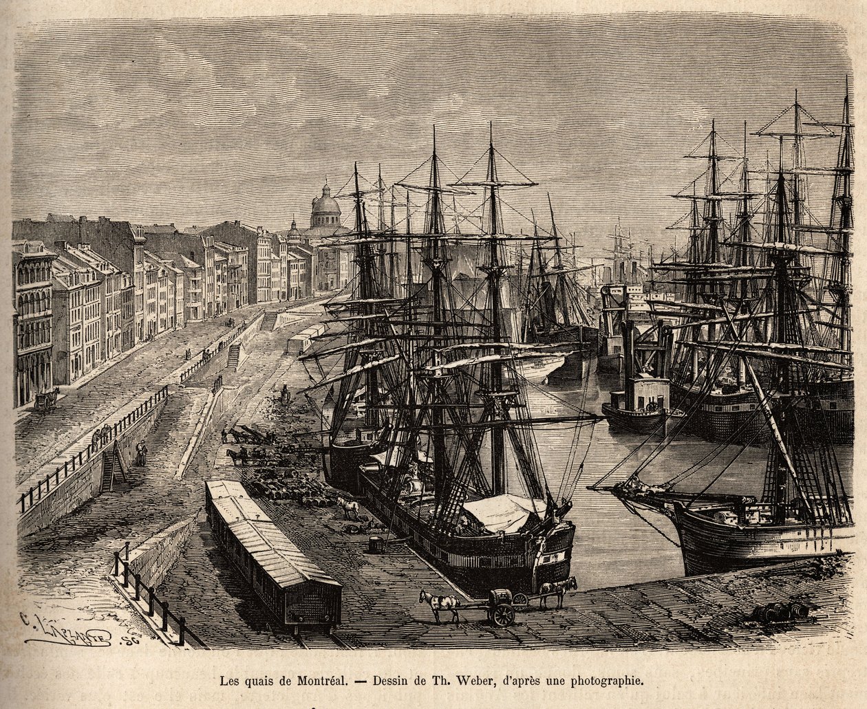 Les quais de Montreal ، نقش بعد رسم بواسطة Th. ويبر ، يوضح الرحلة إلى كندا و Riviere Rouge du nord ، بواسطة H. De Lamotte ، في عام 1873 ، نُشر في "" Le Tour du monde "" "1875 ، تم تحريره بواسطة Edouard Charton ، إصدار Hachette ، با بواسطة ثيودور ويبر