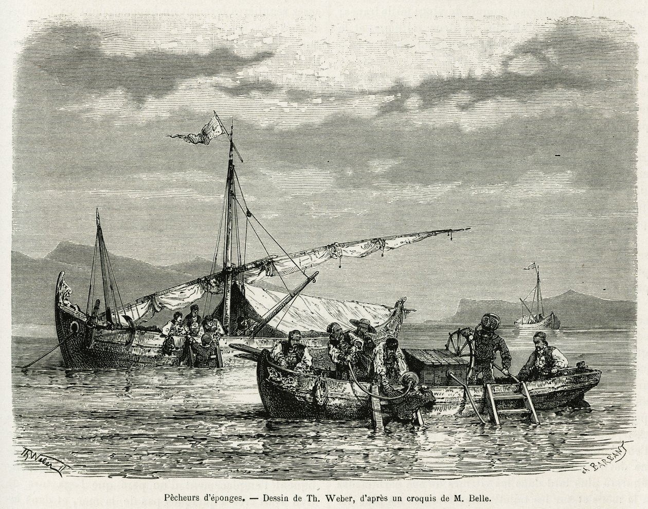 صيادو الإسفنج في خليج نافبليو ، رسم. ويبر ، لتوضيح قصة رحلة إلى اليونان عام 1861 و 1868 و 1874 ، قام بها هنري بيل. نقش في Le Tour du monde بواسطة ثيودور ويبر