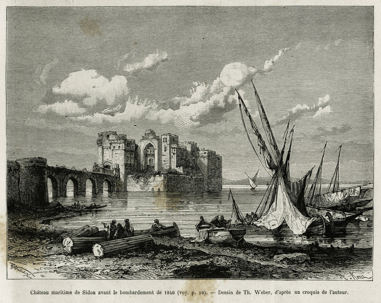 قلعة صيدا البحرية قبل قصف 1840. نقش ت. ويبر ، لتوضيح قصة La Syria d