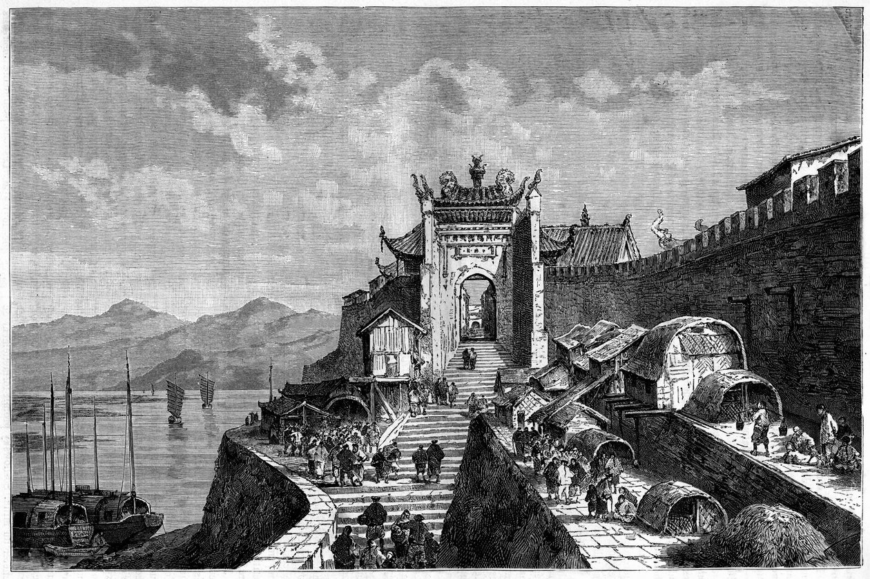 منظر لبوابة شنغهاي على نهر هوانغبو ، الصين في الأعوام 1870-1880. نقش بعد رسم بواسطة ويبر ، في "Le Tour du Monde ، Nouveau journal des Voyages" ، تحرير إدوارد شارتون ، باريس بواسطة ثيودور ويبر