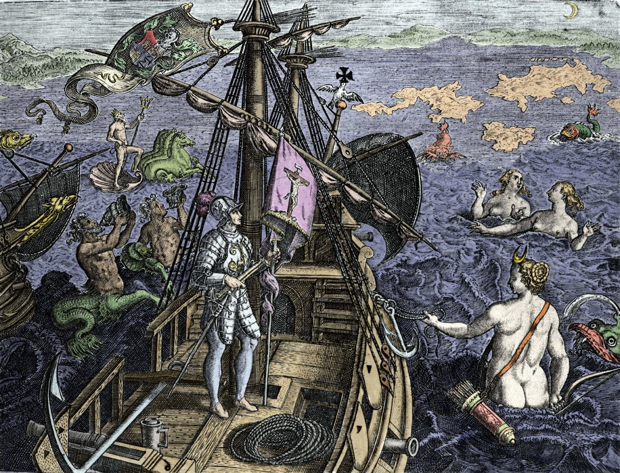 Allegoric des voyages of Christopher Columbus (1451-1506) ، نقش من "تاريخ أمريكا أو العالم الجديد" بقلم تيودور دي بري (1527-1598) ، أمستردام 1594 بواسطة تيودور دي بري