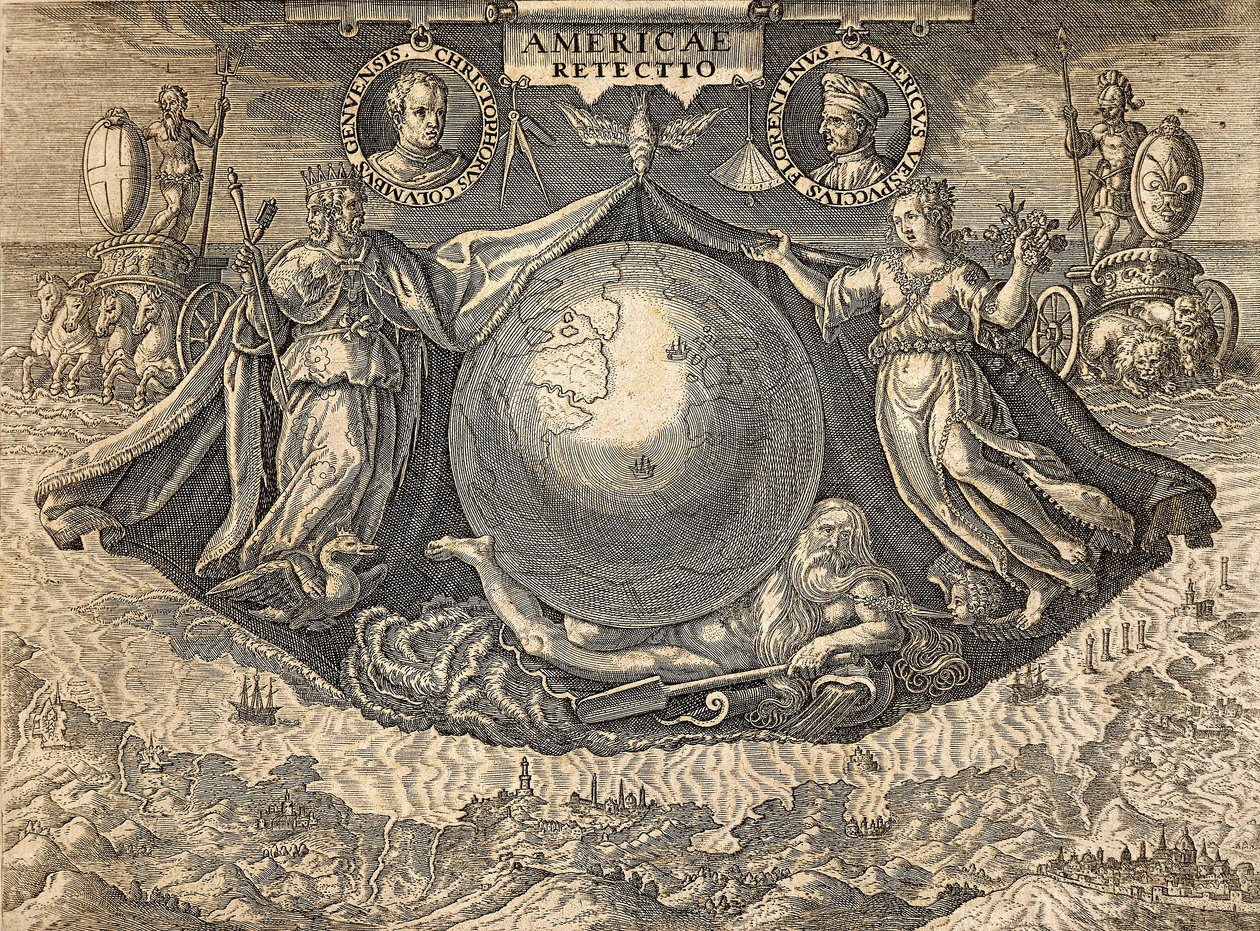 رمزية جزر الهند الغربية أو الأمريكتين ، مع صور الملاحين كريستوفر كولومبوس و Amerigo Vespucci بواسطة تيودور دي بري