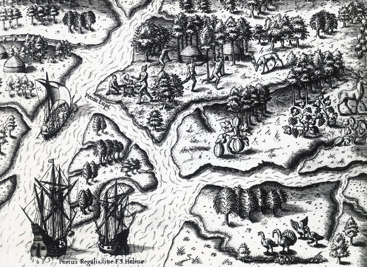 وصول الفرنسية إلى بورت رويال في عام 1564 ، بواسطة ثيودور دي بري (1528-1598) من اللوحة التي رسمها جاك لو موين دي مورغ (حوالي 1533 قبل 1588) ، نقش بواسطة تيودور دي بري