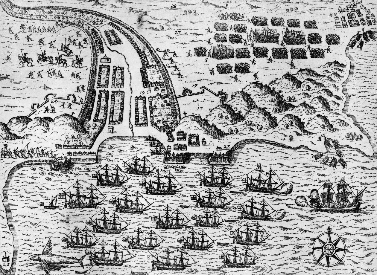 الهجوم على سانتياغو في 27 نوفمبر 1585 (نقش) بواسطة تيودور دي بري