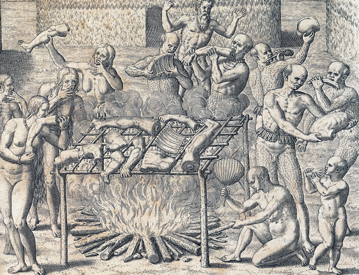 أكل لحوم البشر للقبائل في داخل البرازيل ، نقش من التاريخ الأمريكي بقلم تيودور دي بري (1528-1598) ، فرانكفورت ، أمريكا الجنوبية بواسطة تيودور دي بري