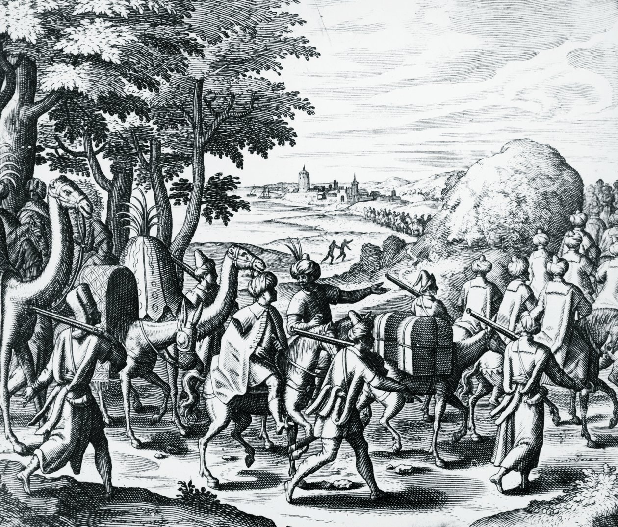 قافلة التجار العرب المسافرين من حلب إلى البصرة ، نقش من Grands and Petits Voyages ، بقلم تيودور دي بري (1528-1598) ، الشرق الأوسط بواسطة تيودور دي بري