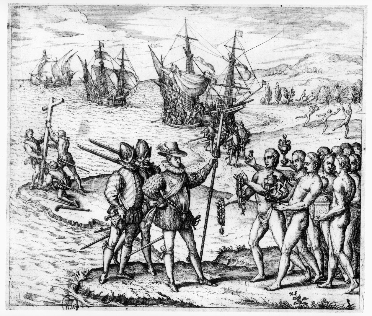 كريستوفر كولومبوس (1451-1506) يتلقى هدايا من كاسيك ، جواكاناجاري ، في هيسبانيولا (هايتي) من "أميريكتيا تيرتيا بارس الرابع" ، 1594 (انظر أيضًا 111006) بواسطة تيودور دي بري