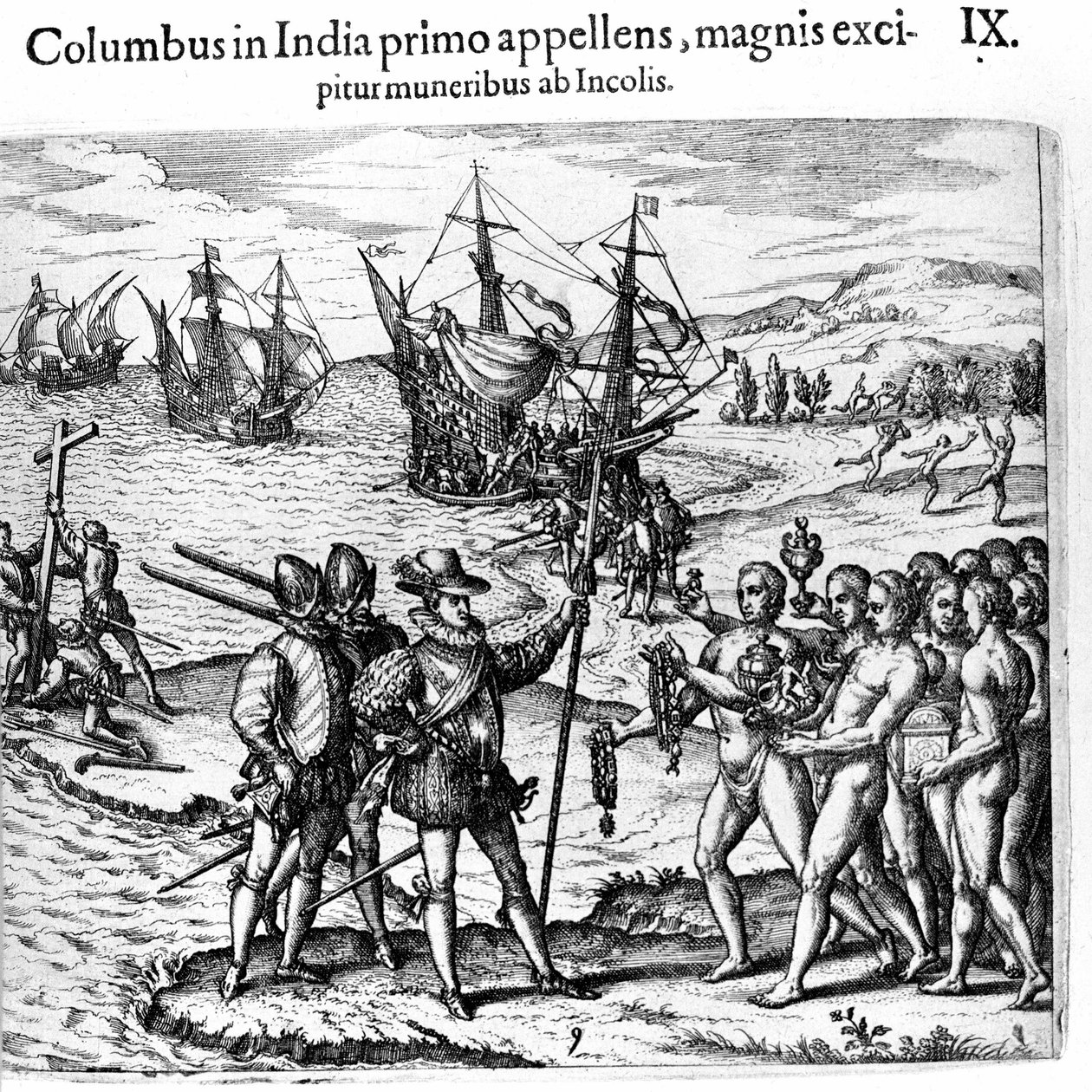 كريستوفر كولومبوس يصل إلى جزر الهند الغربية. نقش لثيودور دي بري في "" Admirante Narratio - Americae "" بواسطة تيودور دي بري