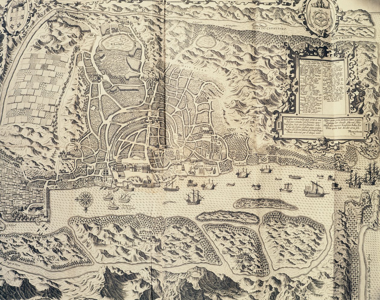 مدينة غوا في الهند ، نقش لثيودور دي بري (1528-1598) من حساب السفر لرحلة البحار جان هيغن فان لينشوتن إلى الهند الشرقية البرتغالية 1579-1592) ، القرن السادس عشر بواسطة تيودور دي بري