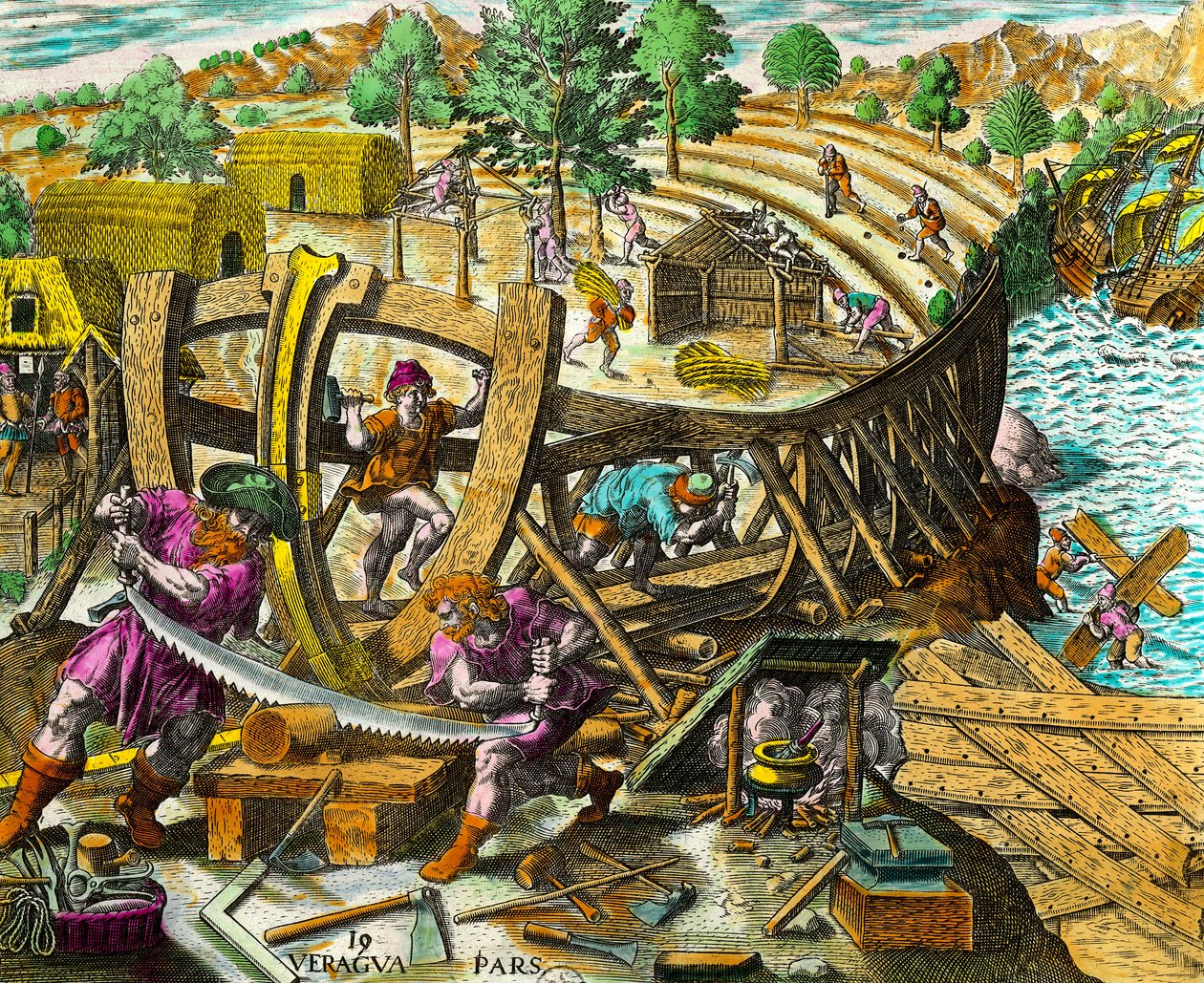 بناء قارب للملاح الإسباني فاسكو نونيز دي بالبوا (1475-1517) نقش من "تاريخ الأمريكتين" لثيودور دي بري (1528-1598) القرن السادس عشر. مجموعة خاصة بواسطة تيودور دي بري