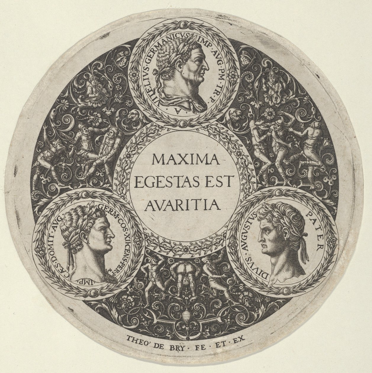 تصميم طبق به صور للأباطرة الرومان فيتليوس ودوميتيان وأغسطس ... ، كاليفورنيا. 1588. بواسطة تيودور دي بري