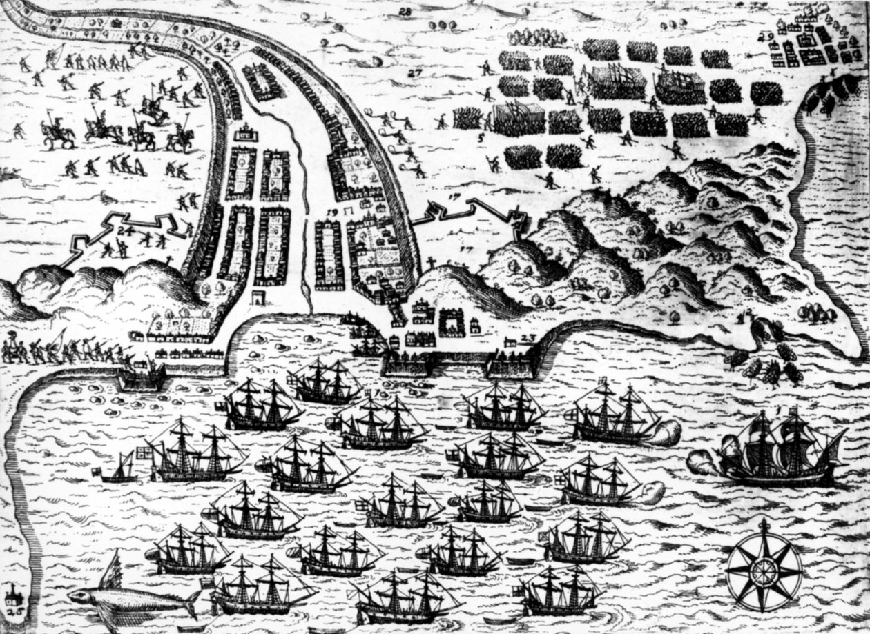 استولى دريك على القارب "سانت جياكومو" في جزيرة كابو فيردي ، في عام 1585 ، بواسطة دي بري بواسطة تيودور دي بري