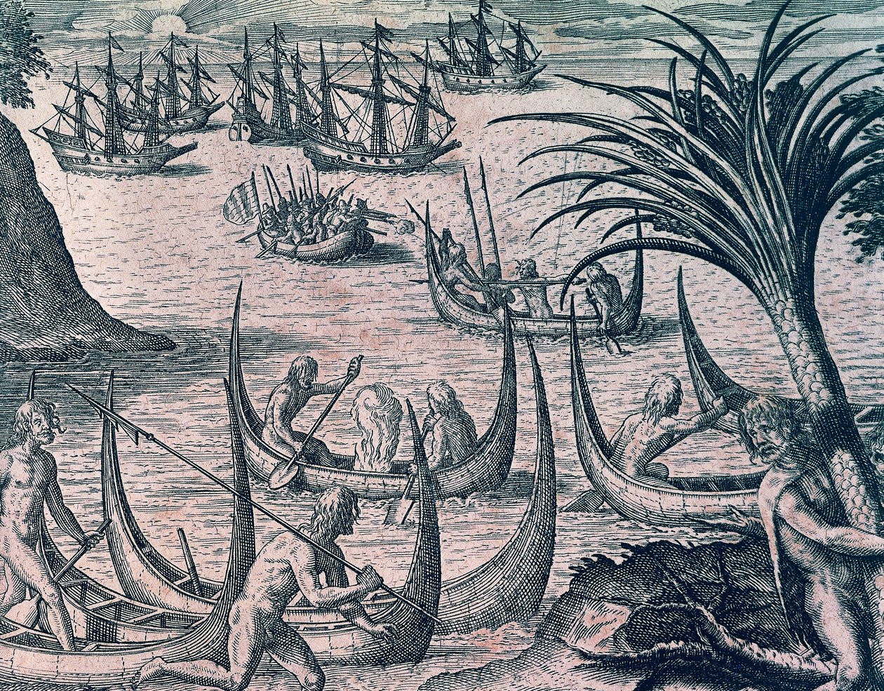 السفن الهولندية في مضيق ماجلان ، نقش من التاريخ الأمريكي بواسطة ثيودور دي بري (1528-1598) ، فرانكفورت بواسطة تيودور دي بري