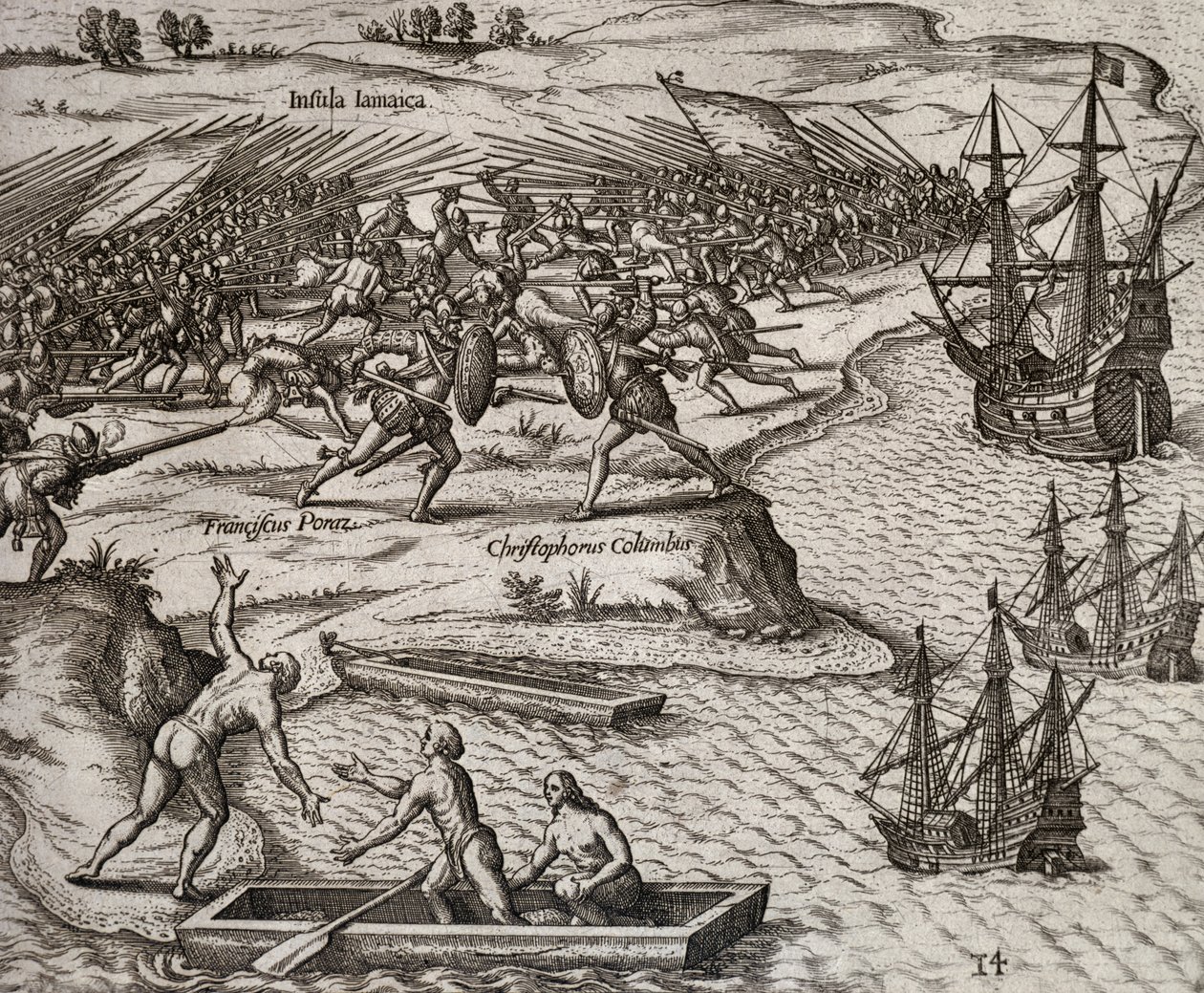 قتال بين كريستوفر كولومبوس وفرانشيسكو بوريسيو في جامايكا ، نقش لثيودور دي بري (1528-1598) بواسطة تيودور دي بري