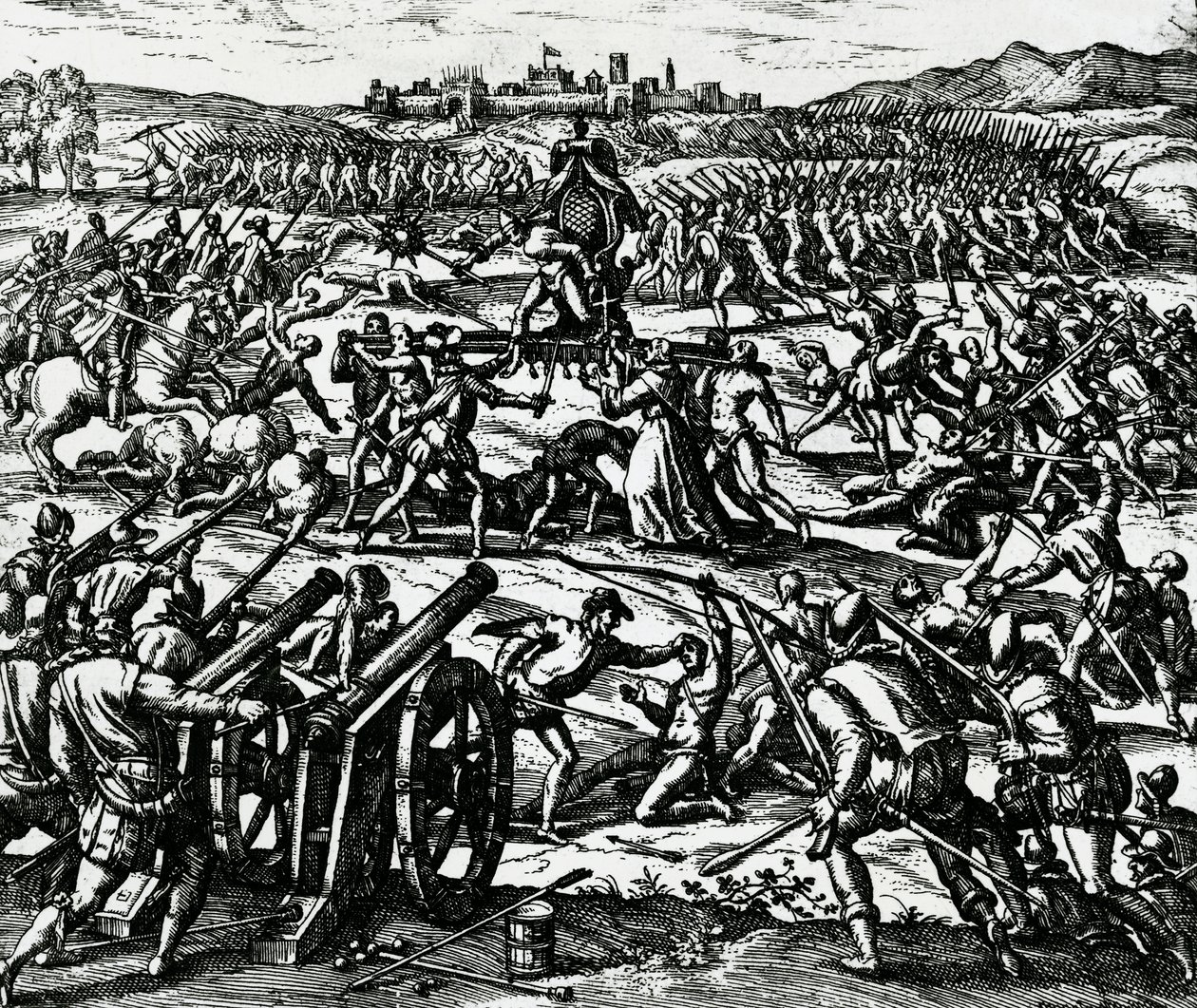 قوات فرانسيسكو بيزارو (حوالي 1475-1541) تستولي على إمبراطور الإنكا أتاهوالبا خلال معركة كاخاماركا ، 16 نوفمبر بواسطة تيودور دي بري