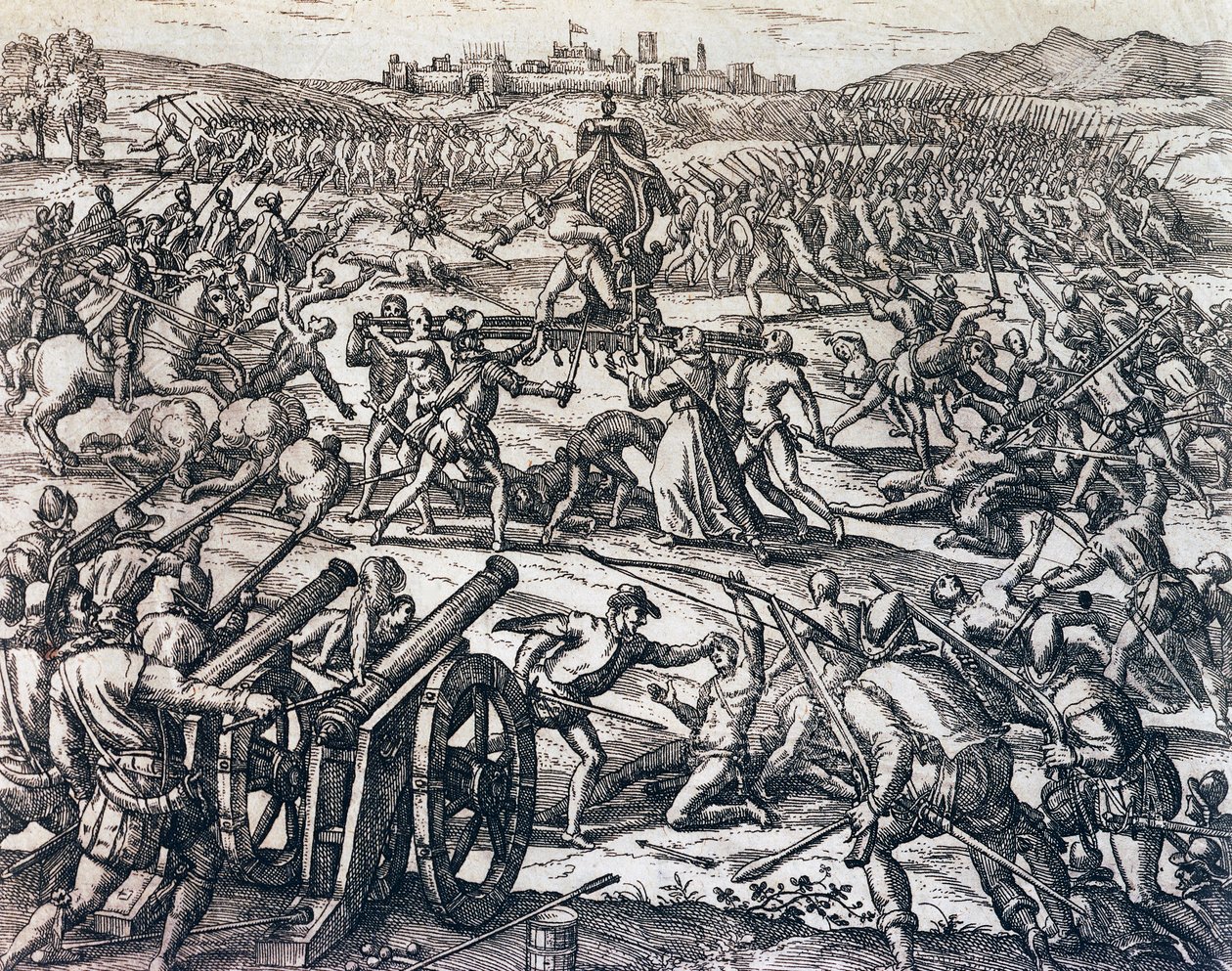 قوات فرانسيسكو بيزارو (حوالي 1475-1541) تستولي على إمبراطور الإنكا أتاهوالبا خلال معركة كاخاماركا ، 16 نوفمبر بواسطة تيودور دي بري