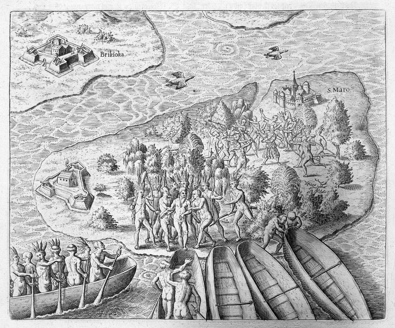 تم القبض على هانز ستادن من قبل هنود توبينامبا خلال رحلته إلى البرازيل ، 1552 ، من "Newe Welt und Americanische Historien" من قبل يوهان لودفيج جوتفريد ، نشره Mattaeus Merian ، فرانكفورت ، 1631 (eng بواسطة تيودور دي بري