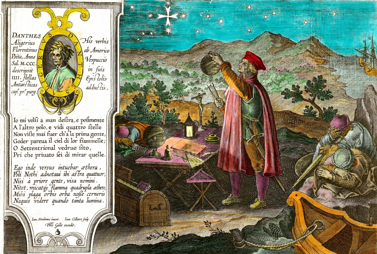 تاريخ أمريكا: Amerigo Vespucci (Americus Vespucius) (1451 / 1454-1512) ، يستخدم التاجر والملاح الإيطالي الإسطرلاب الخاص به لقياس الصليب الجنوبي. الصورة اليسرى للشاعر الإيطالي دانتي أليغييري (1265-1321) ومقطع من الأغنية الأولى من ال بواسطة تيودور دي بري