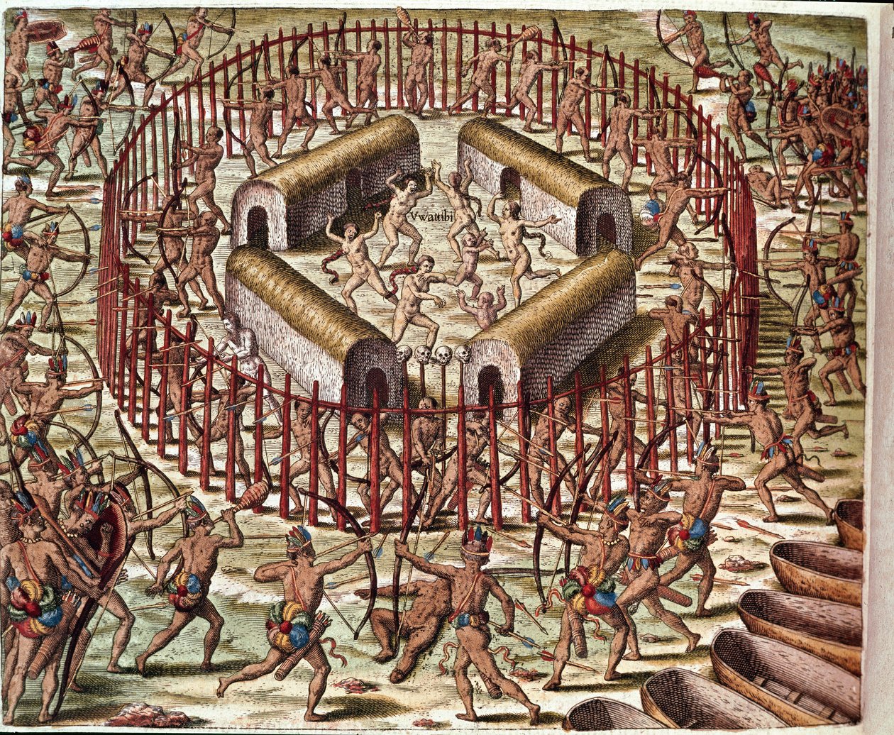 تاريخ أمريكا: "" قرية فرجينيا الهندية "" نقش من "" Admirante Narratio Americae "" بقلم ثيودور دي بري (1528-1598) بواسطة تيودور دي بري