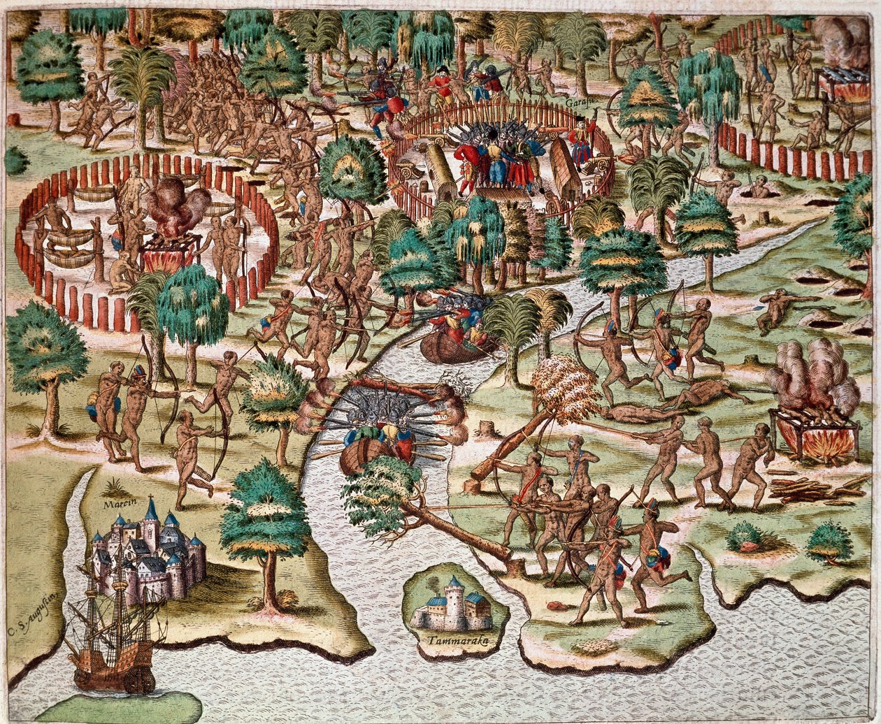 تاريخ أمريكا: "" وصف أساليب الحصار والهجوم ، الهنود يقاتلون الجيوش الإسبانية "" تلاوة لأسر هانز ستادن ، المستكشف الألماني الذي غادر مع الأساطيل الإسبانية إلى البرازيل ، الذي استولى عليه هنود توبينامبا. نقش من "العامري بواسطة تيودور دي بري