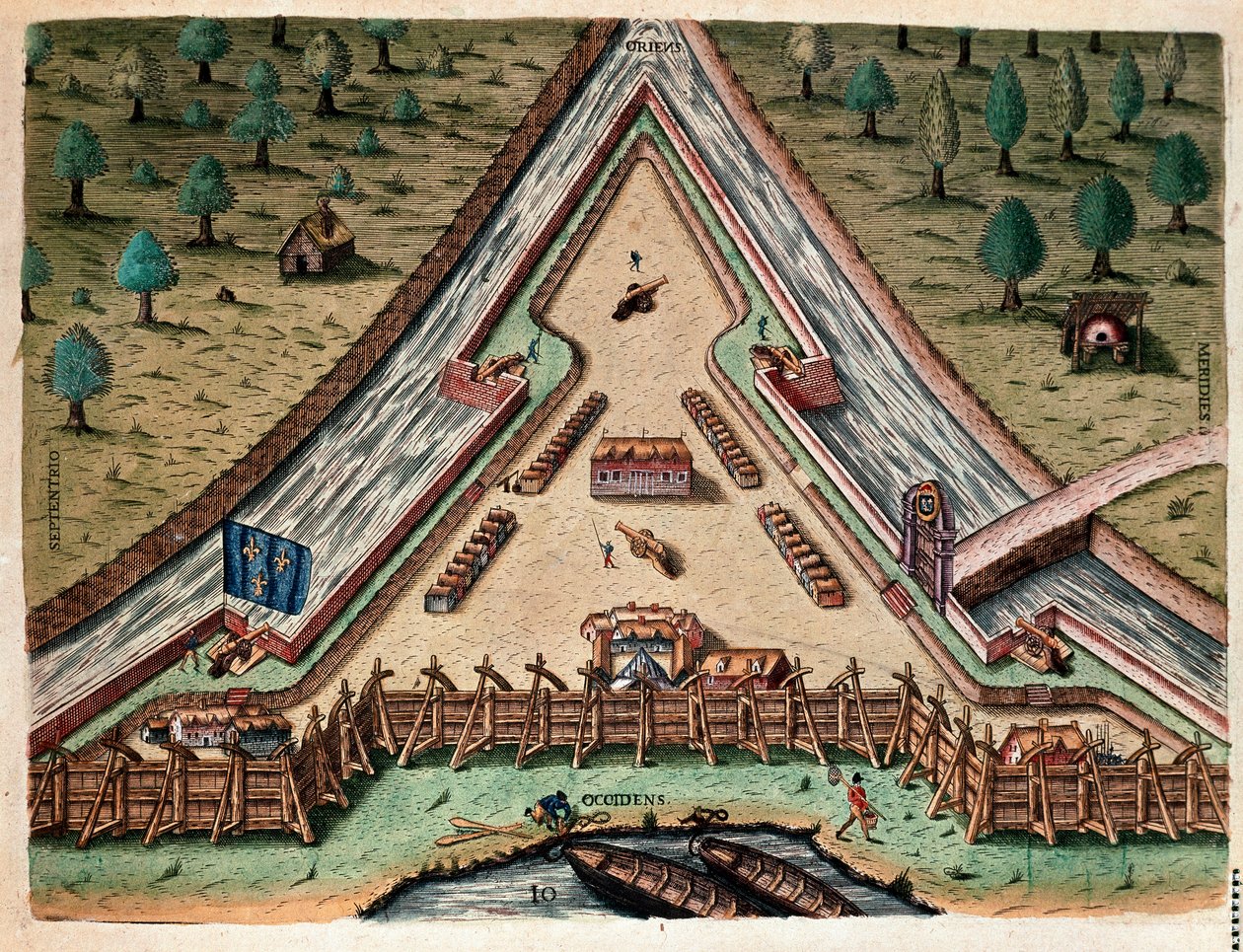 تاريخ أمريكا: "حياة فورت كارولينا ، حصن كارولينا" "نقش من" Admirante Narratio Americae "بقلم ثيودور دي بري (1528-1598) بعد رسم لجاك لو موين (دي مورجيس) (1533-1588) بواسطة تيودور دي بري